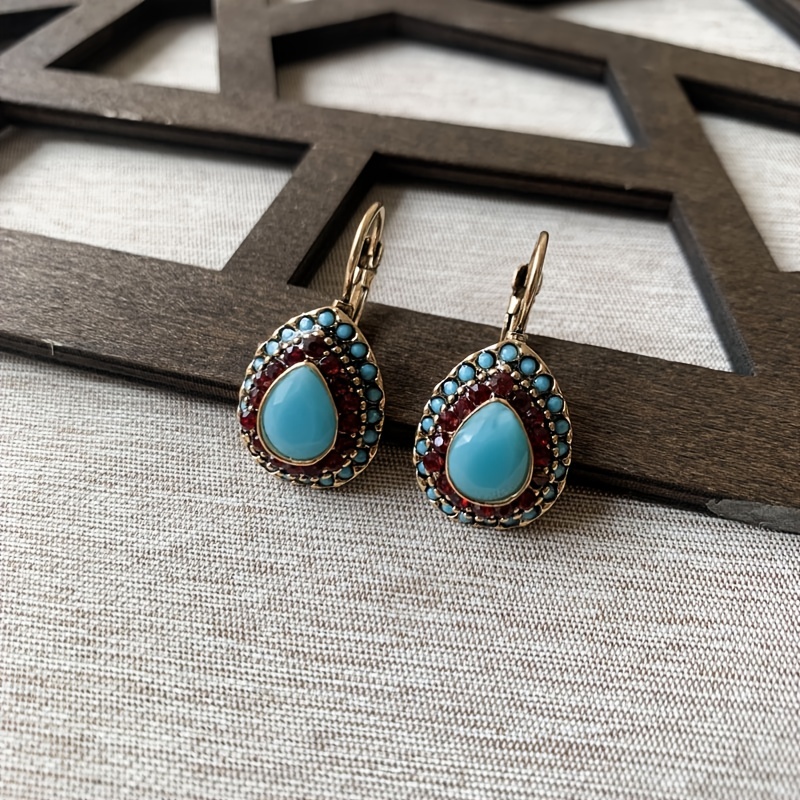 Vintage Teardrop Turquoise & Red Gemstone Earrings with Golden Beaded Frame